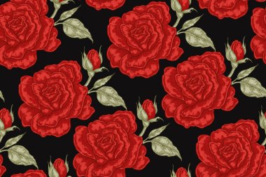 Siyah zemin üzerine kırmızı gül çiçekler ile Seamless modeli. Vektör çizim kumaşlar, hediye paketleme, Tekstil ve kart tasarımı