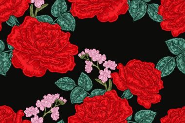 Siyah zemin üzerine kırmızı gül çiçekler ile Seamless modeli. Vektör çizim kumaşlar, hediye paketleme, Tekstil ve kart tasarımı
