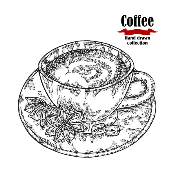 Taza de café dibujada a mano aislada sobre fondo blanco. Ilustración vectorial grabado . — Archivo Imágenes Vectoriales