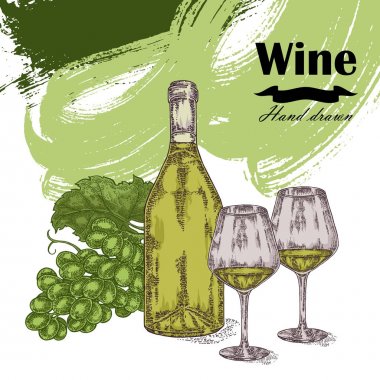 İki gözlük ve üzüm şarap şişesi. Vektör çizim