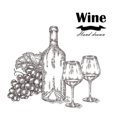 İki gözlük ve üzüm şarap şişesi. Vektör çizim