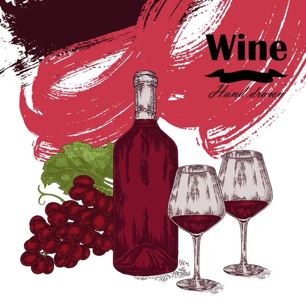 Μπουκάλι κρασί με δύο ποτήρια και σταφύλια. Εικονογράφηση διάνυσμα — Διανυσματικό Αρχείο