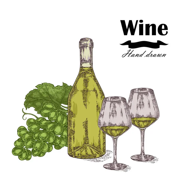 Botella de vino con dos copas y uvas. Ilustración vectorial — Vector de stock