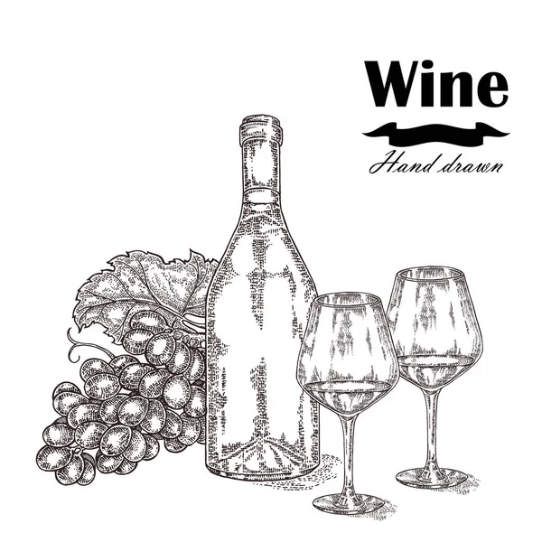 Bouteille de vin avec deux verres et des raisins. Illustration vectorielle — Image vectorielle