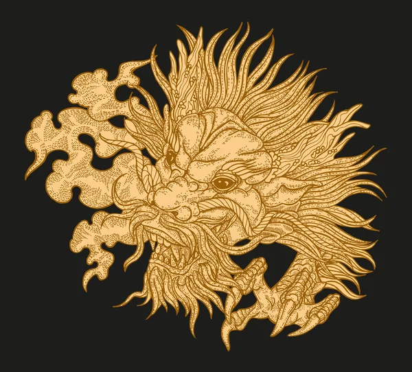 Dibujado a mano cabeza de dragón asiático sobre fondo negro. Ilustración vectorial tradicional máscara de dragón chino. Diseño detallado para impresión grabada — Archivo Imágenes Vectoriales