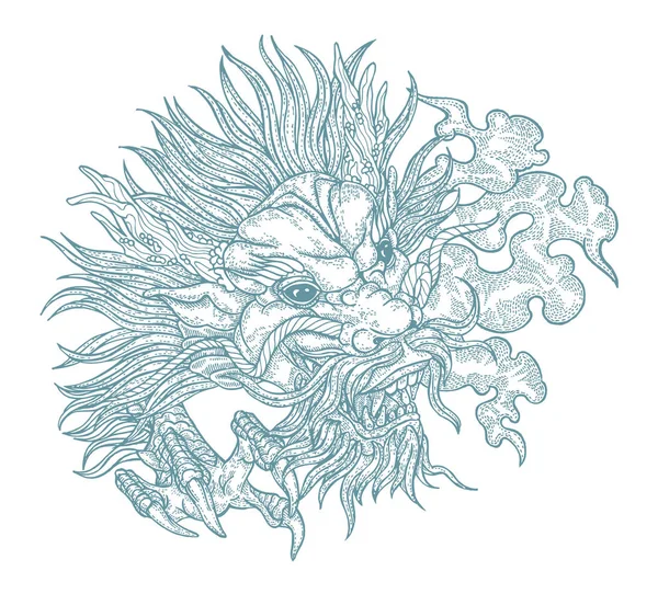 Tangan digambar kepala naga Asia. Ilustrasi vektor adalah topeng naga tradisional Cina. Rincian desain untuk cetak terukir - Stok Vektor