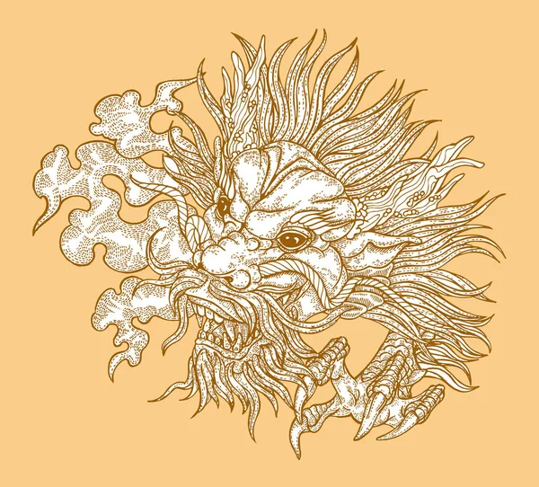 Mână desenat cap de dragon asiatic pe fundal de aur. Ilustrație vectorială masca tradițională chineză dragon. Design detaliat pentru imprimare gravată — Vector de stoc