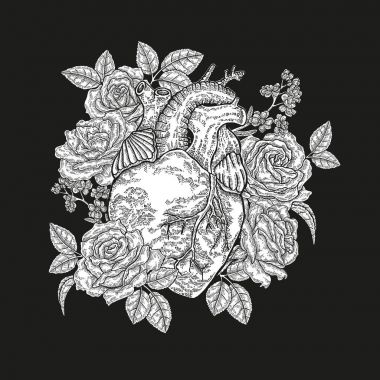 El Güllü insan kalbi siyah arka plan üzerine çekilmiş. Vektör çizim kazınmış