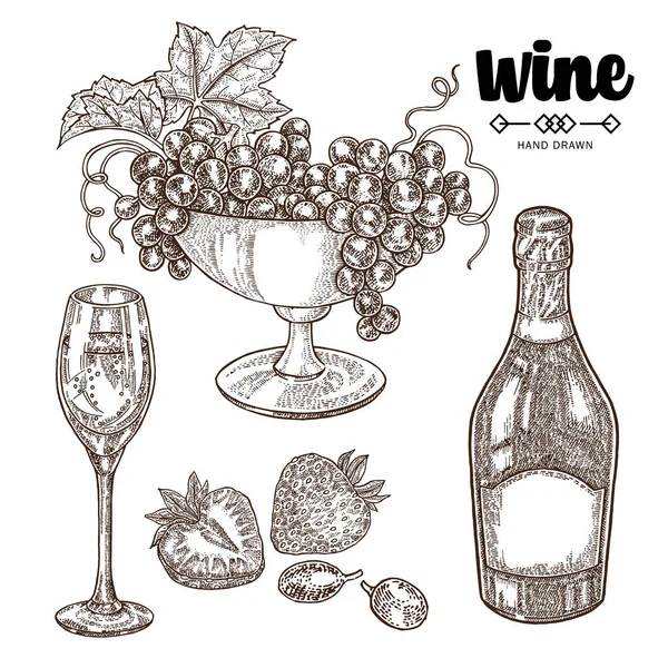 El çekilmiş şişe üzüm ve şarap gözlük ile şampanya. Vektör çizim vintage. Alkol içki kroki tarzı ayarla. — Stok Vektör