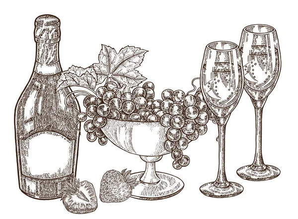 Champagne bouteille dessinée à la main avec du raisin et des verres à vin. Illustration vectorielle vintage. Boisson alcoolisée sertie dans le style croquis. Tout est superposé . — Image vectorielle