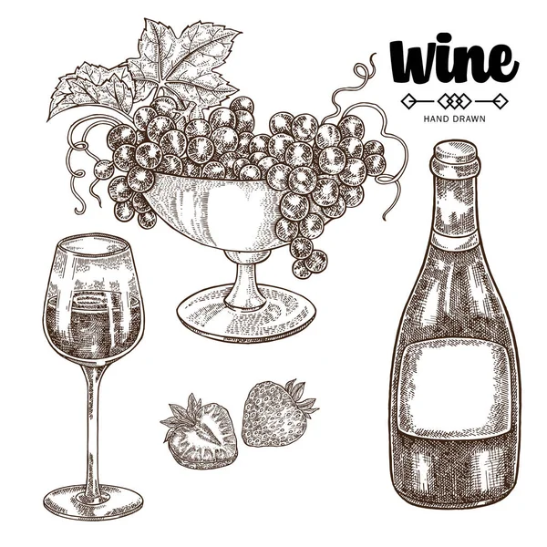 El üzüm ve bardağı ile çizilmiş şarap şişesi. Vektör çizim vintage. Alkol içki kroki tarzı ayarla. — Stok Vektör