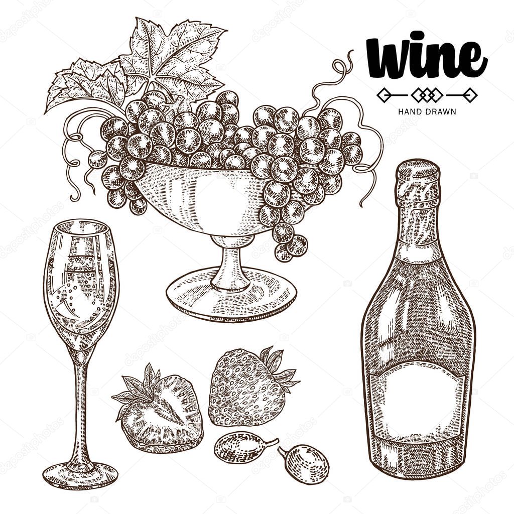Download Hand drawn bottle champagne with grape and wine glasses. Vector illustration vintage. Alcohol ...