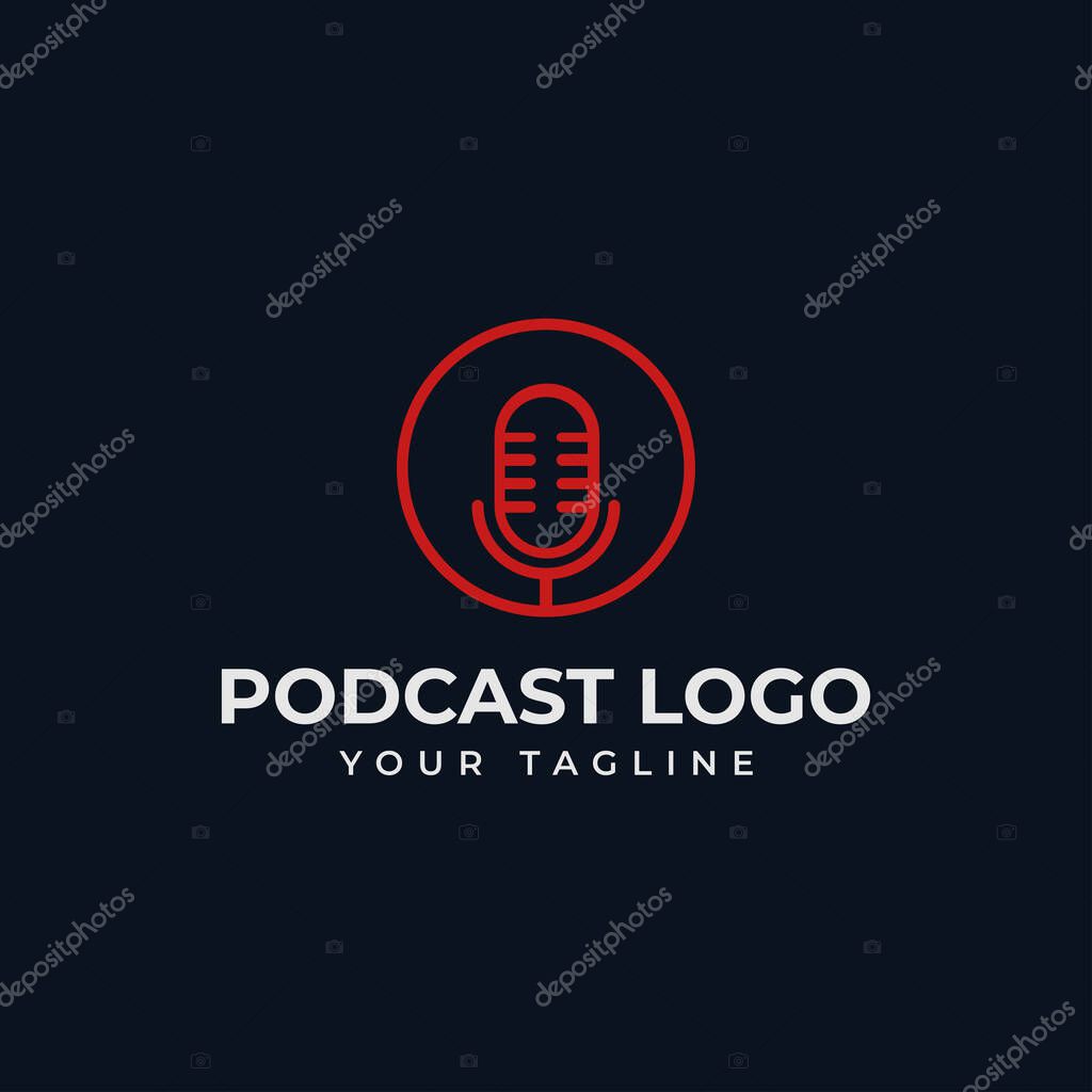 Simple Circle Microphone Podcast Radio Line Logo Design Template