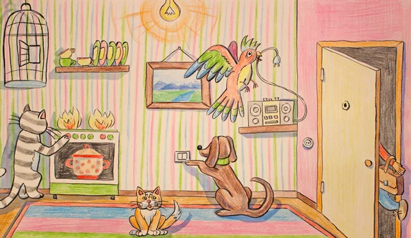 Kézi rajz háziállatok otthon egyedül — Stock Fotó