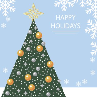 Noel ağacı ve kar taneleri tebrik kartı