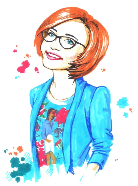 Ilustração menina de cabelos vermelhos na moda em óculos — Fotografia de Stock