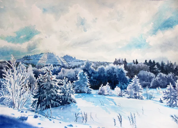 Winter landscape watercolor — Stock Photo, Image