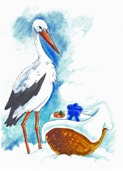 Cigogne aquarelle et bébé sur le ciel — Photo