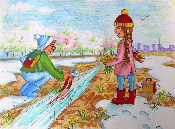 Dzieci ilustracja niech łodzi na wiosnę — Zdjęcie stockowe