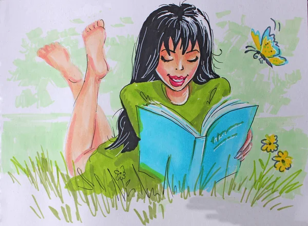 Illustration fille lecture livre en plein air — Photo