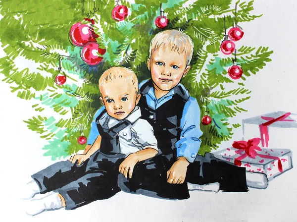 Enfants sous l'arbre de Noël — Photo