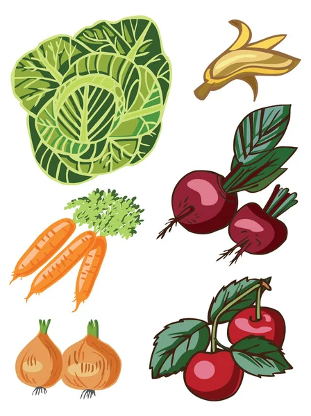 Grönsaker och frukter på vit — Stock vektor