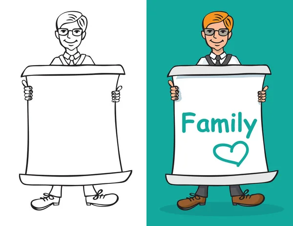 Hombre y hoja de papel con familia de inscripciones — Vector de stock