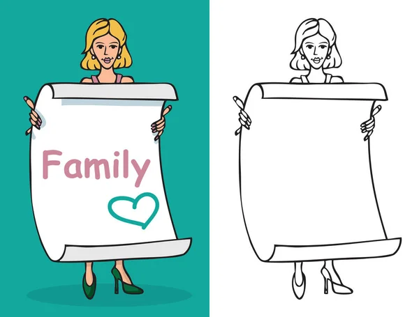 ผู้หญิงและกระดาษแผ่นที่มีสัญลักษณ์ครอบครัว — ภาพเวกเตอร์สต็อก