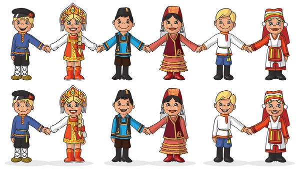 Children in national costumes hold hands — Stock Vector