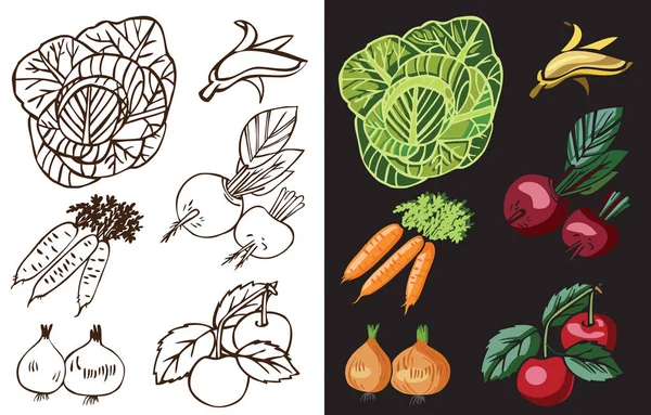 Gemüse und Obst auf schwarz — Stockvektor