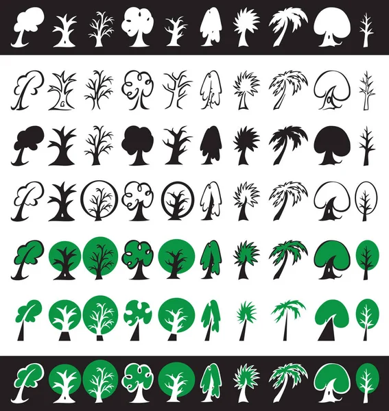 De pictogrammen van de bomen, silhouetten en symbolen — Stockvector