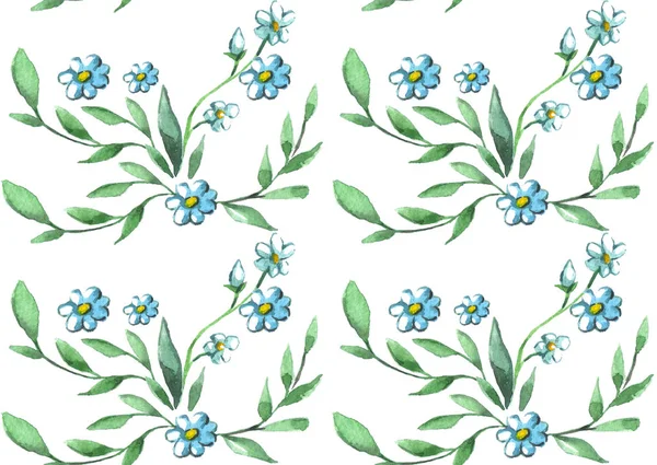 Kwiaty bez szwu wzór akwarela niebieskie kwiaty — Zdjęcie stockowe