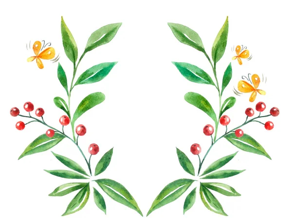 Watercolor frame leaves with berries and butterflies — Stock Photo, Image