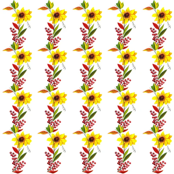 Sunflowers and berries pattern autumn — Stok fotoğraf