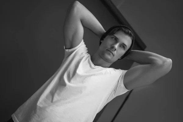 Fashion Stylish Young Man Posing Black Background Dressed White Shirt — Stock Photo, Image