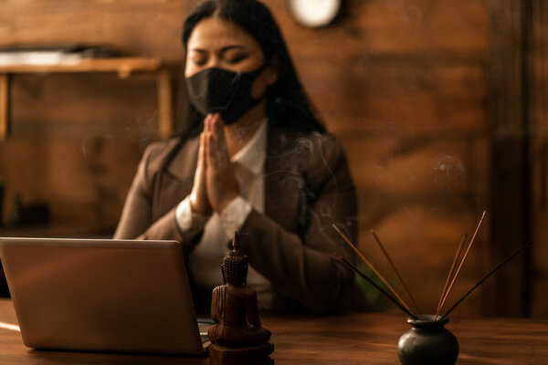 Online Prayer Church Service Asian Woman Praying Wood Table Laptop Stock Photo