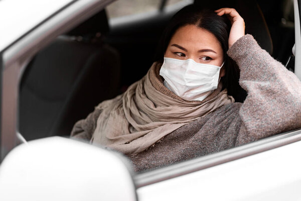 Woman Protective Mask Driving Car Healthcare Virus Protection Taxi Driver Stock Picture