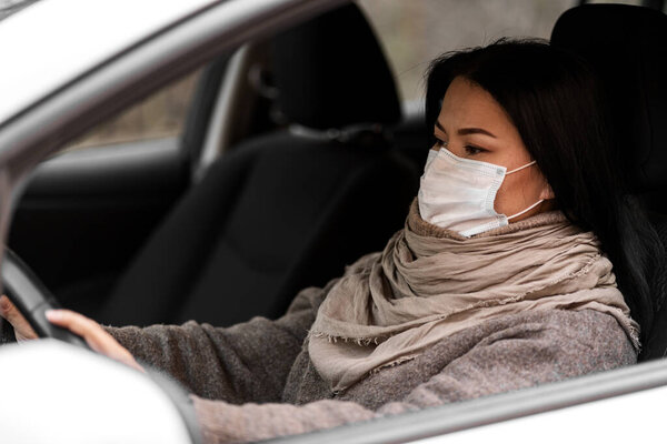 Woman Driving Car Protective Mask Healthcare Virus Protection Taxi Driver Stock Photo