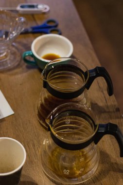 Glasses with brewed coffee. Accessories and items for alternative coffee