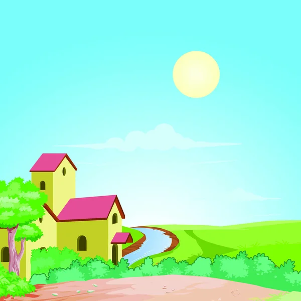 Latar Belakang Rumah Countryside Dan Gambar Vektor Kartun Sun - Stok Vektor