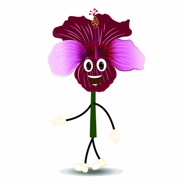 Sorrindo Caminhando Flor Hibisco Com Cartoon Vector Imagem —  Vetores de Stock