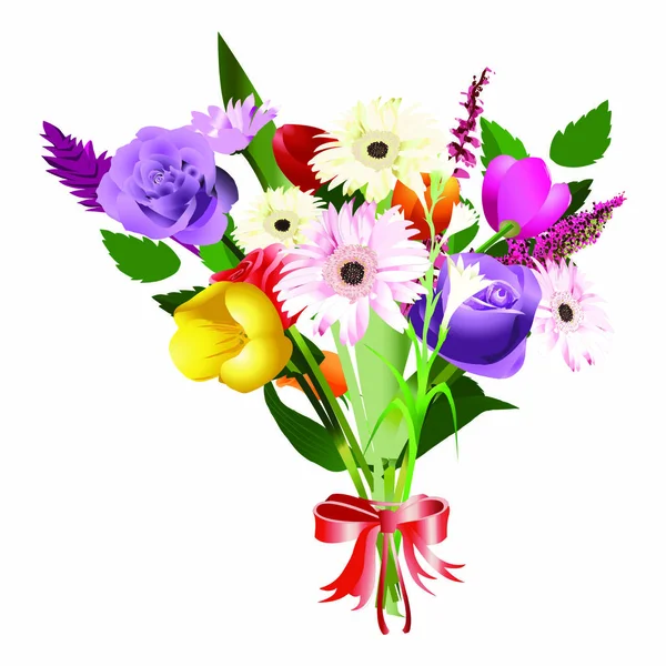 Bouquet Fleurs Colorées Avec Ruban Rouge Image Vectorielle — Image vectorielle