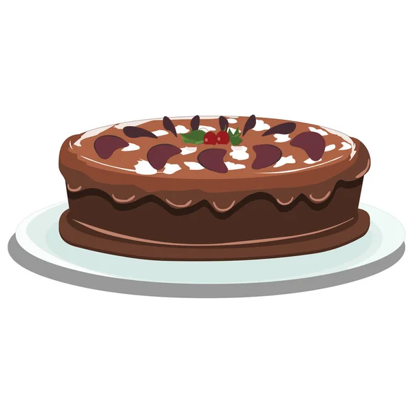 Großer Schokoladenkuchen Auf Einem Teller Cartoon Vektorbild — Stockvektor