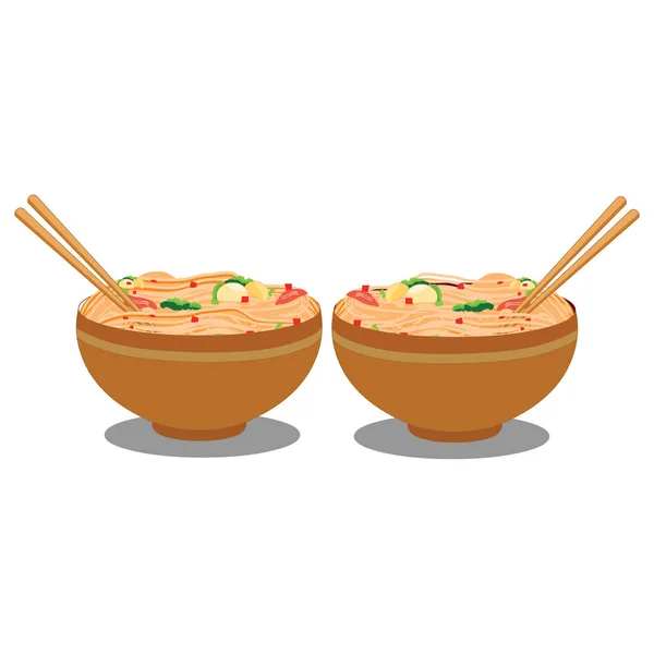 两个有筷子的碗中的面条 卡通矢量图像 — 图库矢量图片