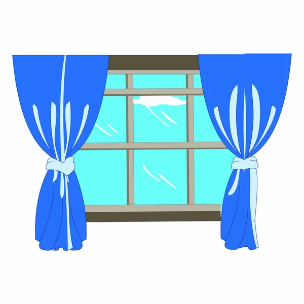 Jendela Dengan Tirai Biru Citra Vektor Kartun - Stok Vektor