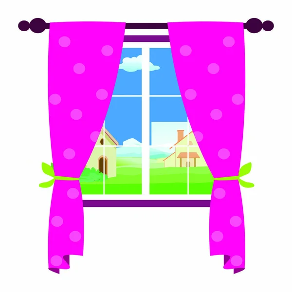 Window Pink Curtain House View Cartoon Vector Image — Stock Vector