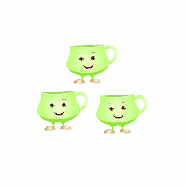 Três Copos Chá Verde Feliz Cartoon Vector Image —  Vetores de Stock