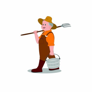 Spading Fork ve Bucket ile Çiftçi - Çizgi film Vektör Resmi