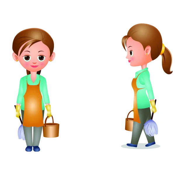 Empregada Doméstica Com Duas Poses Cartoon Vector Image — Vetor de Stock