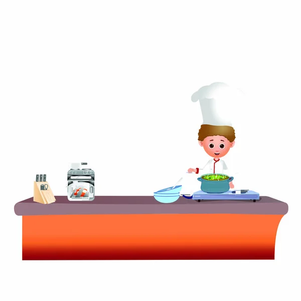 Chef Masculin Dans Comptoir Cuisine Image Vectorielle Bande Dessinée — Image vectorielle